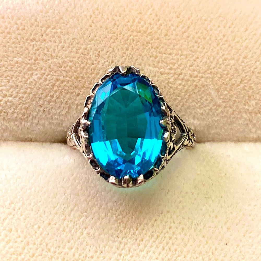 Sterling Antique Filigree Deep Blue Topaz Ring